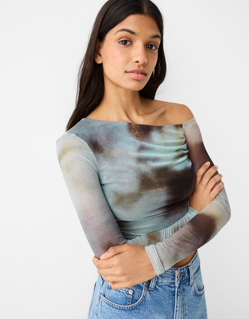 Top à manches longues en tulle imprimé-Bleu-2