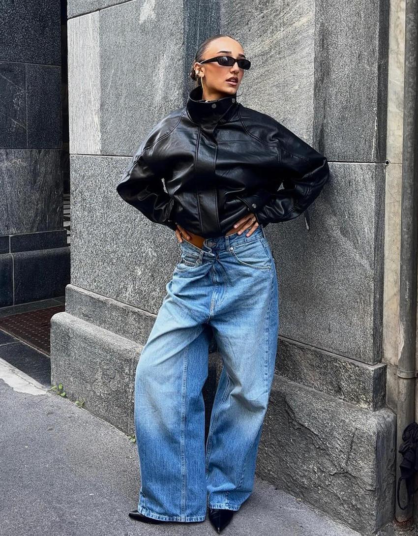 Cazadora oversize efecto piel-Negro