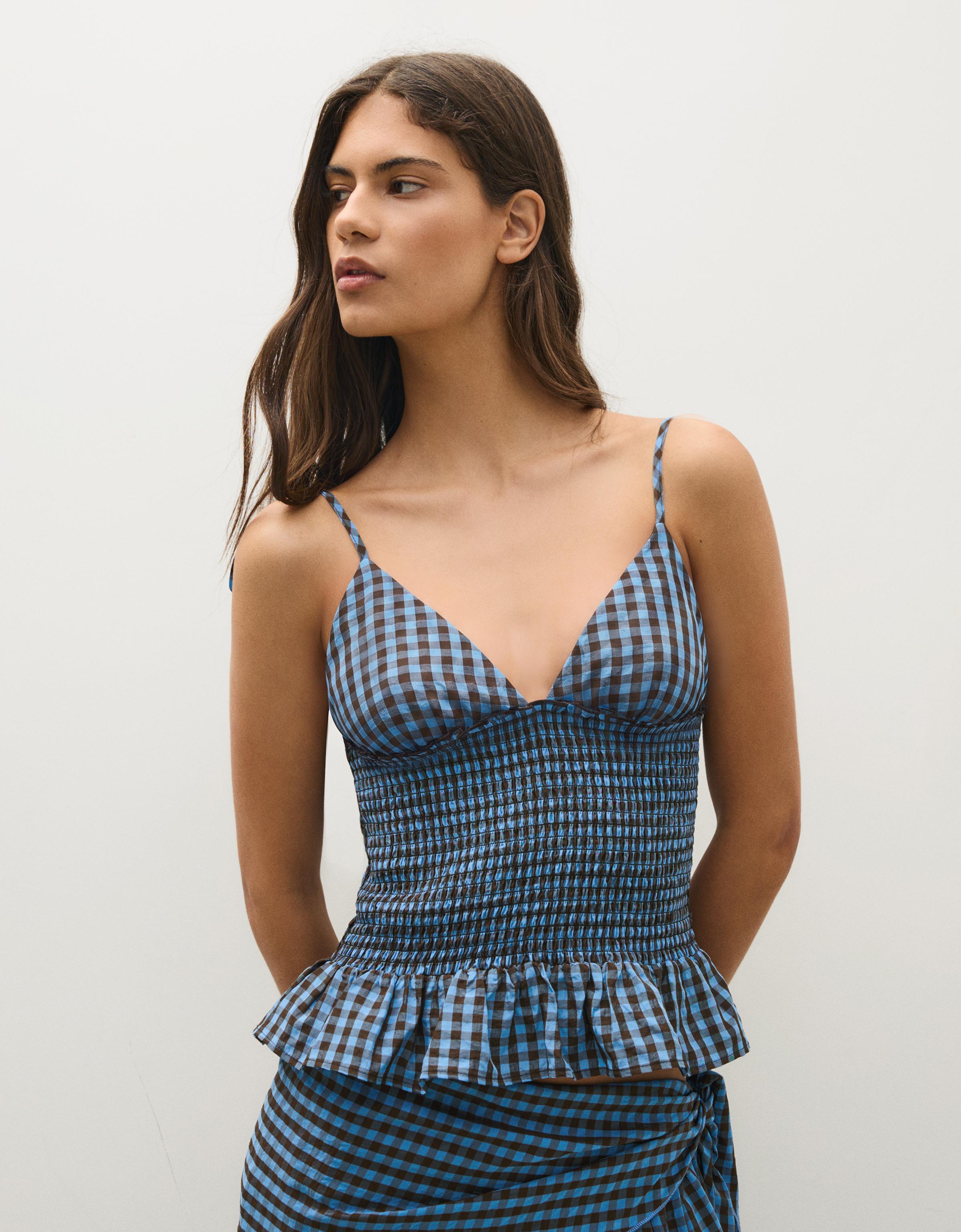 Bershka Top Tirantes Cuadros Nido De Abeja Mujer Azul