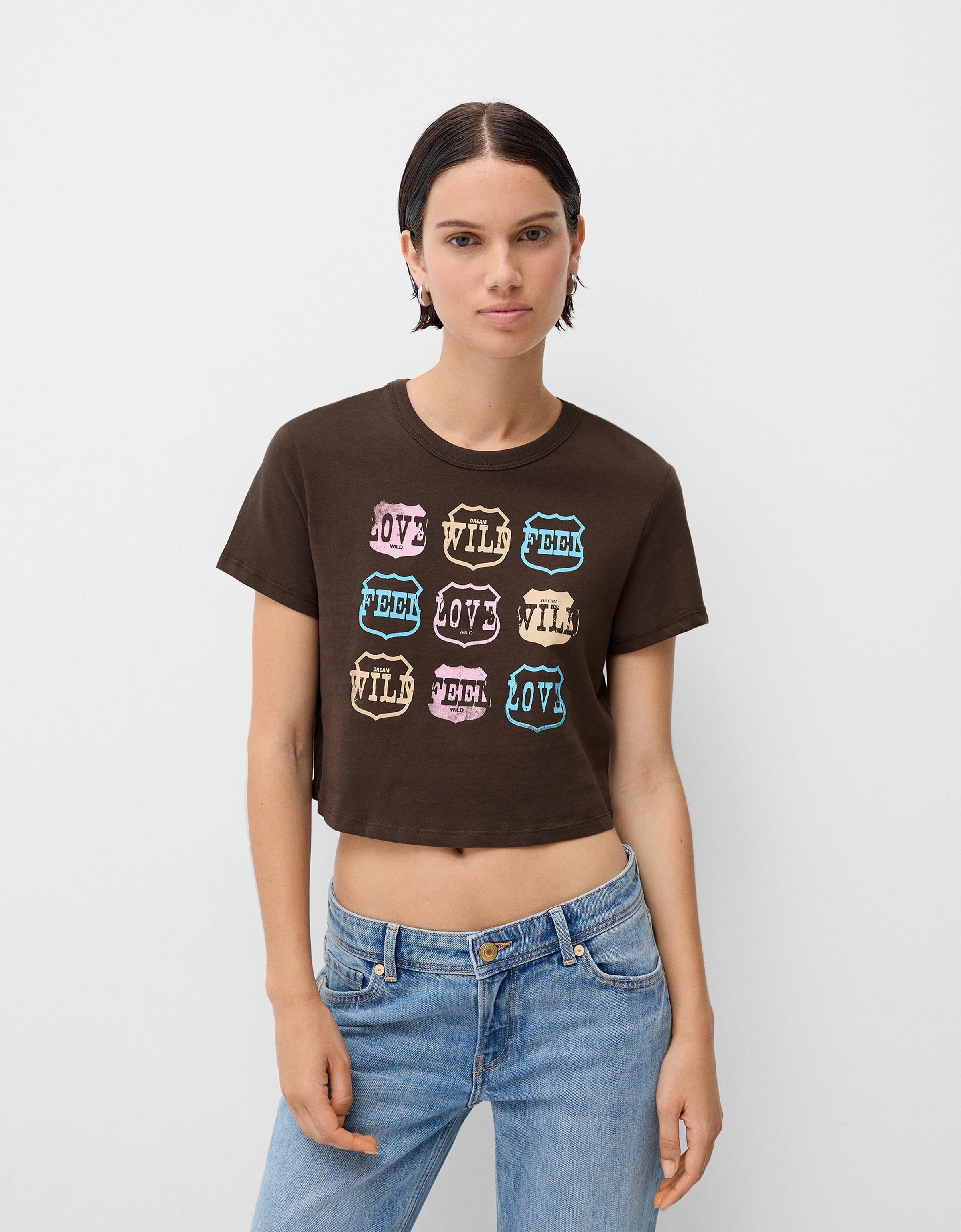 Bershka T-Shirt Mit Print Damen L Braun