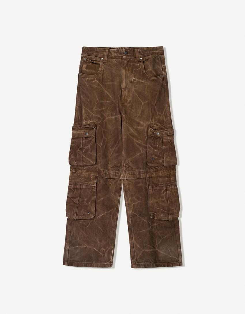 Acid wash multi-cargo baggy pants-Brown