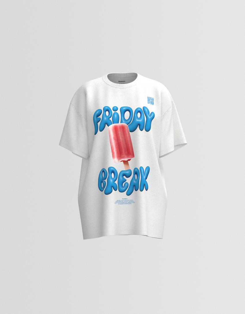 T-shirt Bershka Wearable Art oversize fit com estampado-Gelo-5