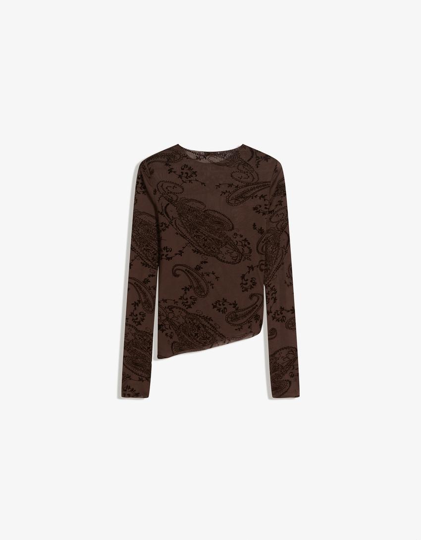 T-shirt à manches longues asymétrique en tulle-Marron