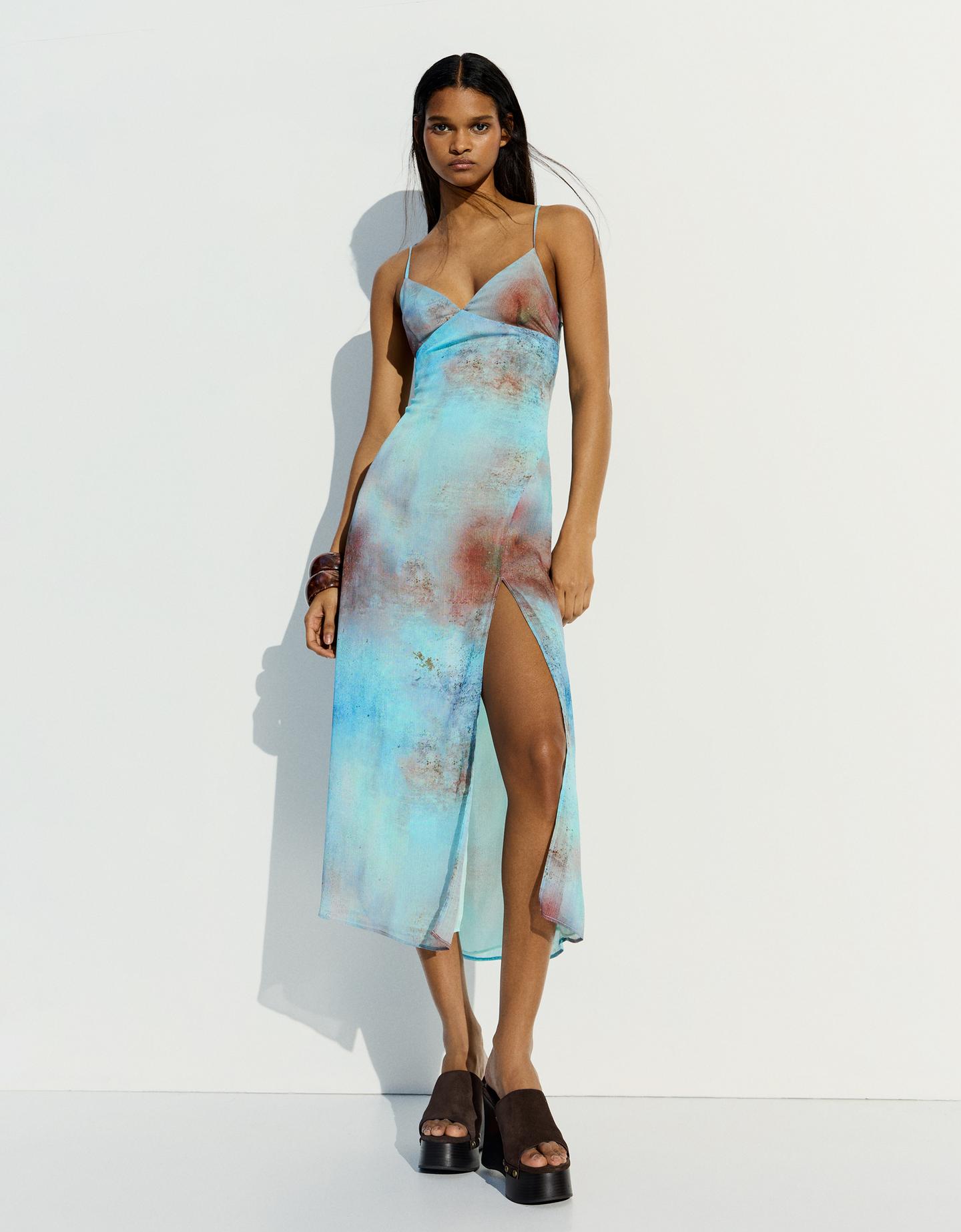 Bershka Vestito Midi Stampa Donna Xl Turchese