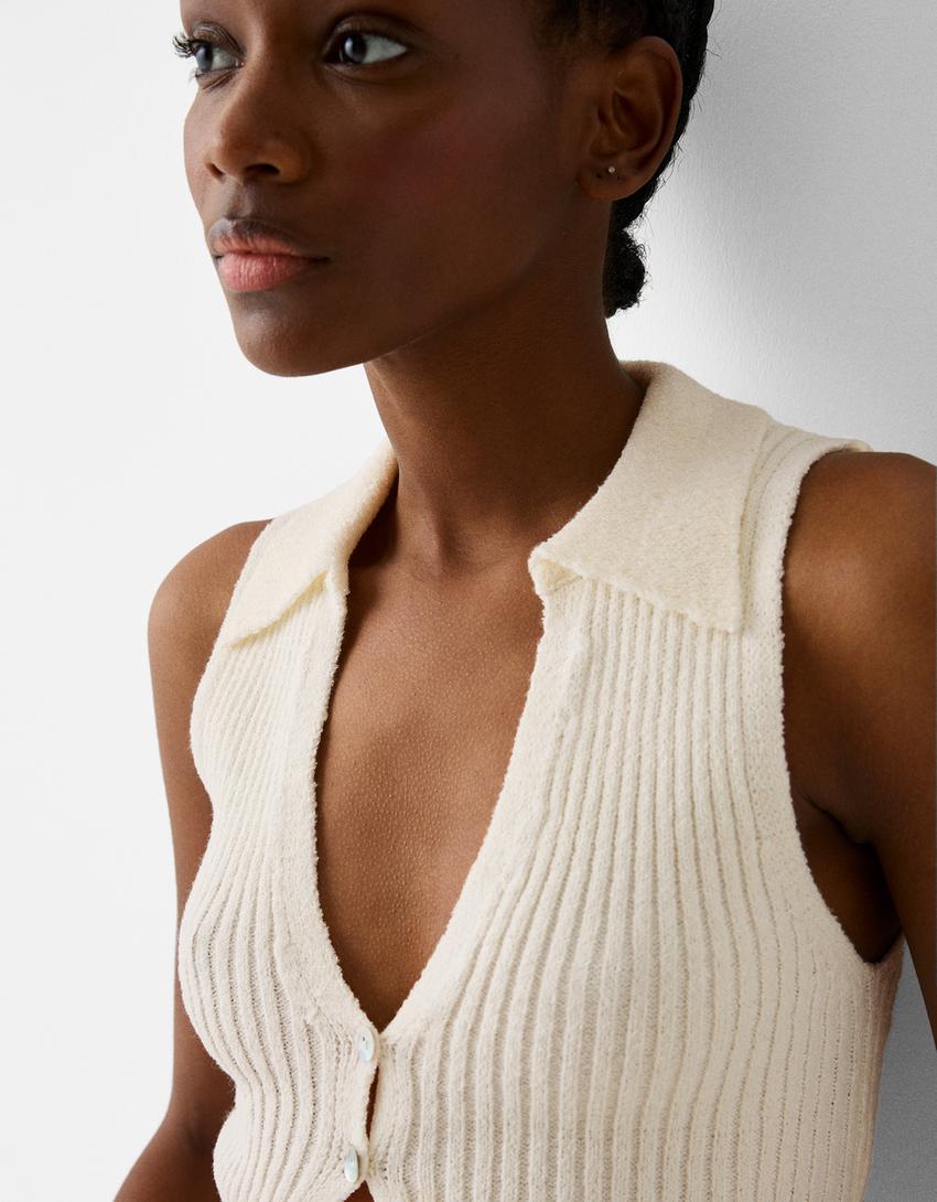 Rustic polo collar vest-Cream-5