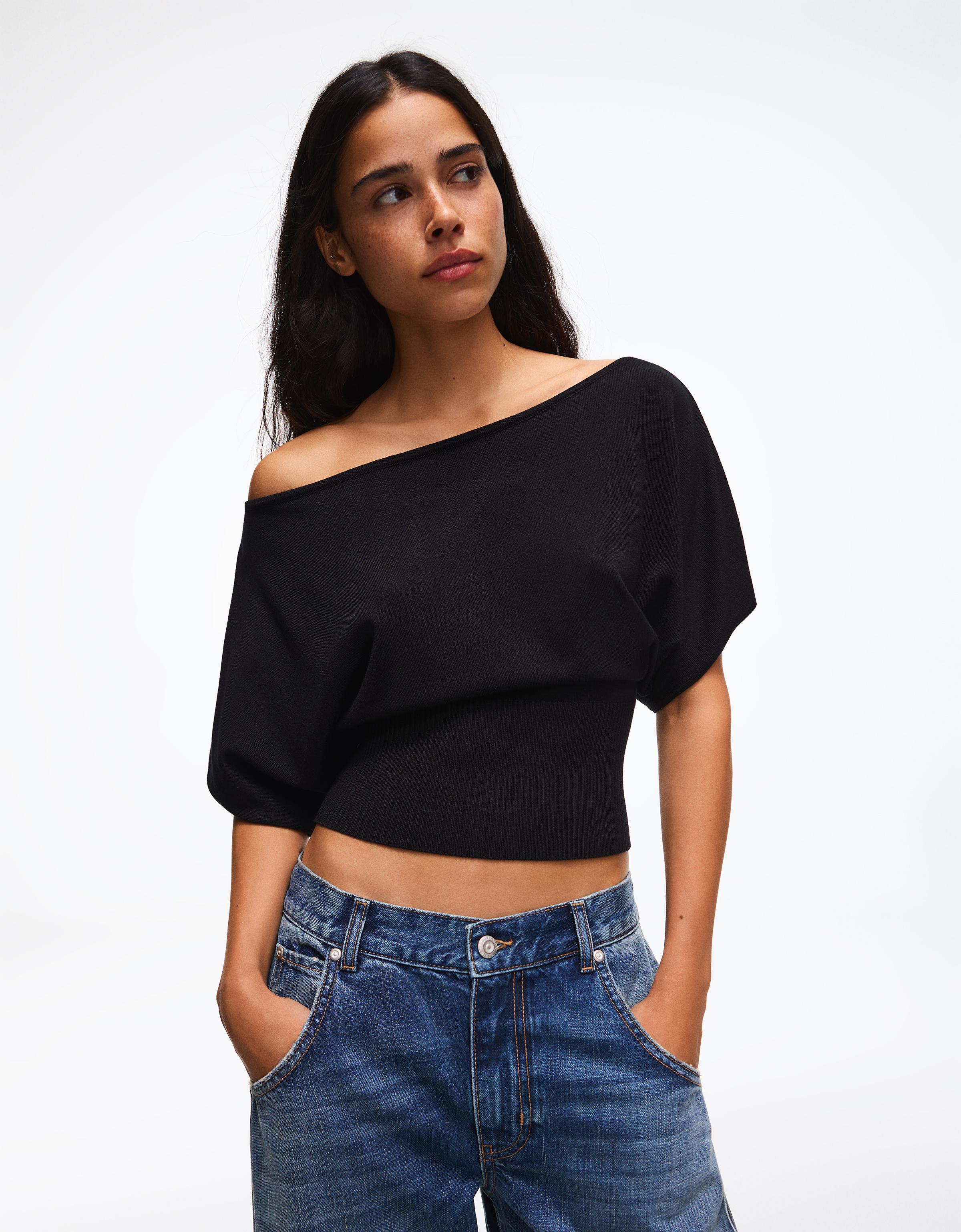Bershka Camiseta Cuello Asimétrico Mujer L Negro