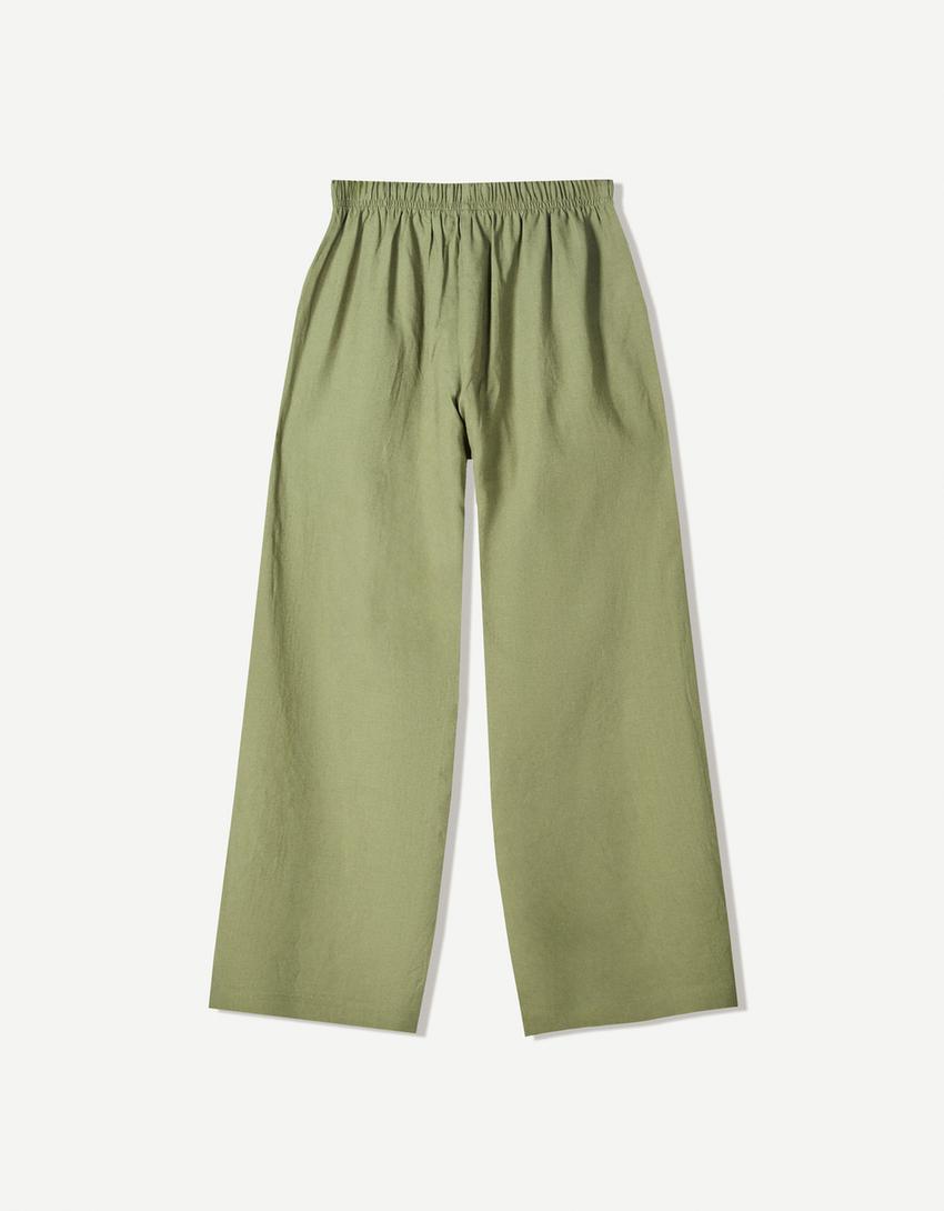 Linen blend trousers with an elasticated waistband-Khaki-4