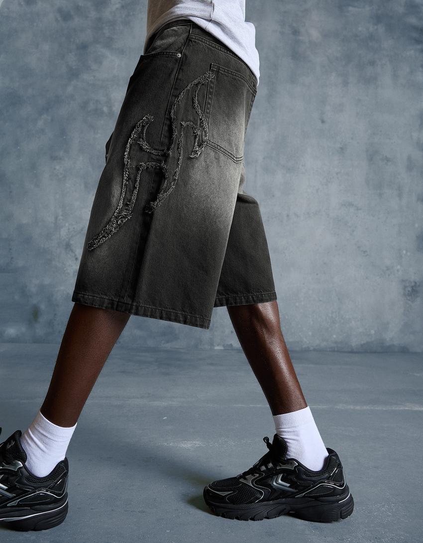 Yamalı baggy fit bermuda-Siyah