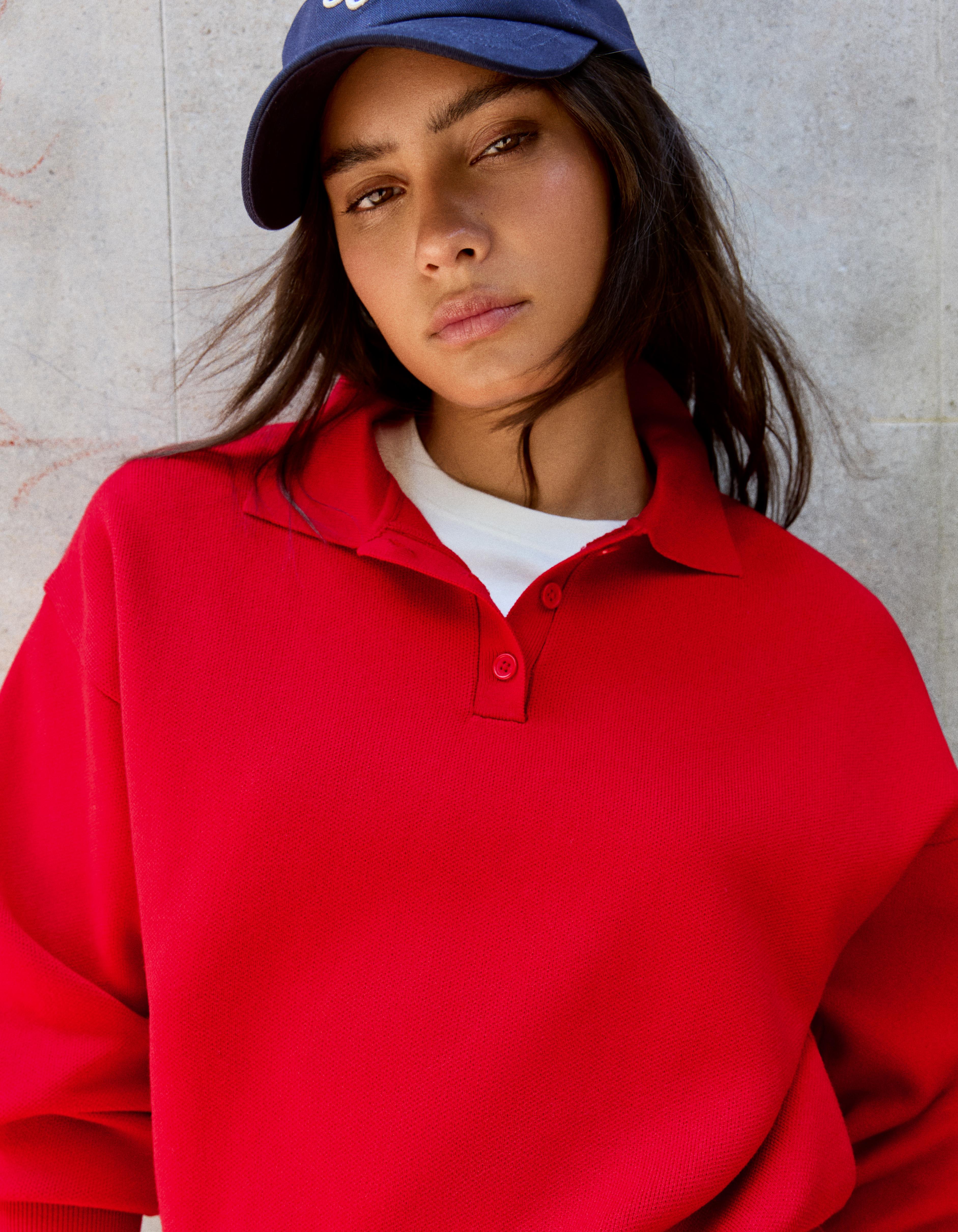 Oversize polo collar jumper — Red
