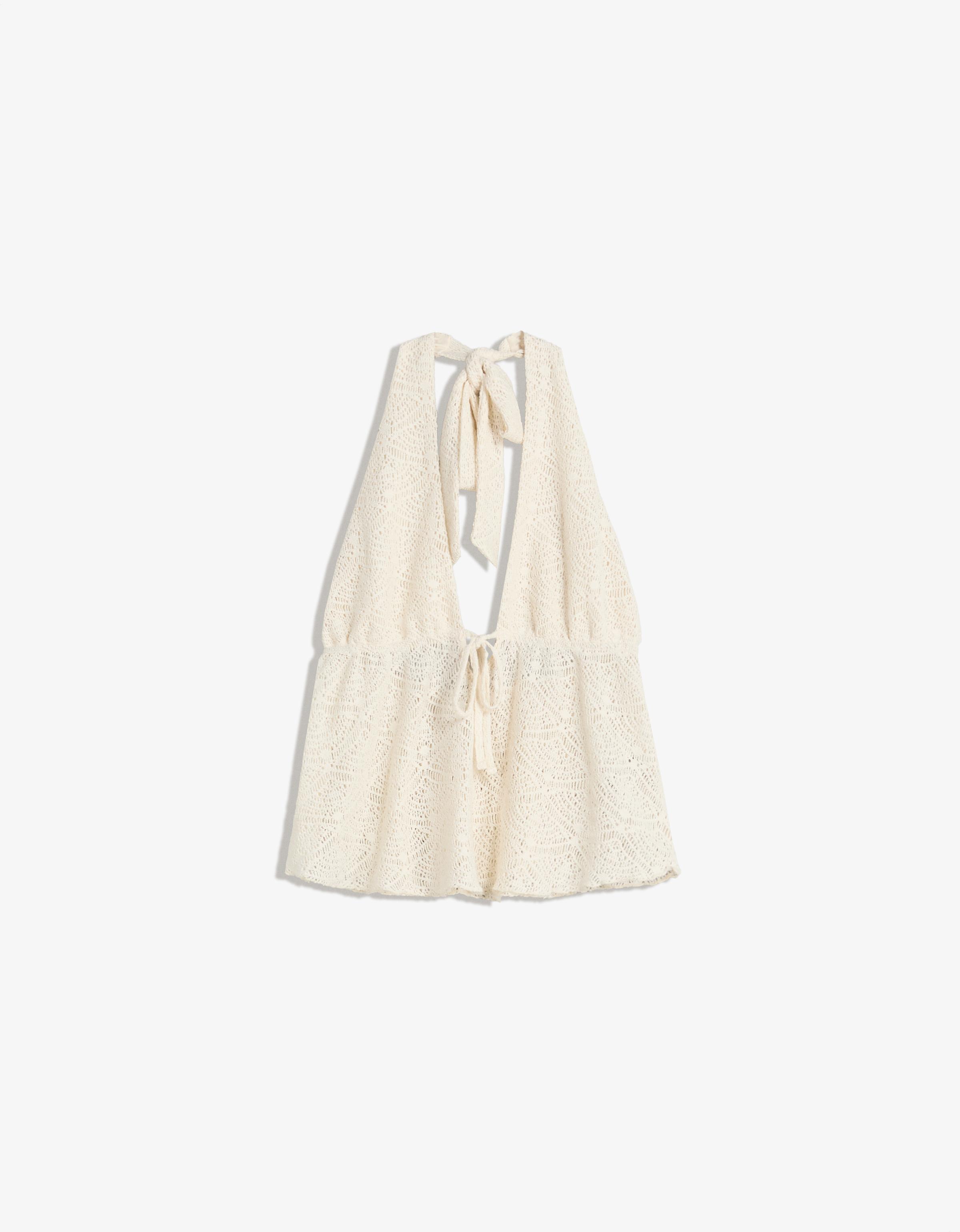 Bershka Rustikales Neckholder-Top Mit Schleife Damen Xs Rohweiß
