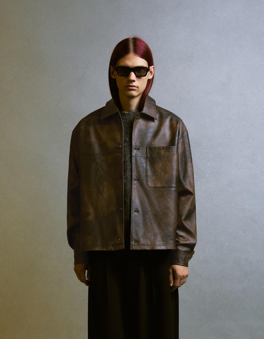 Overshirt boxy με όψη δέρματος-Καφέ