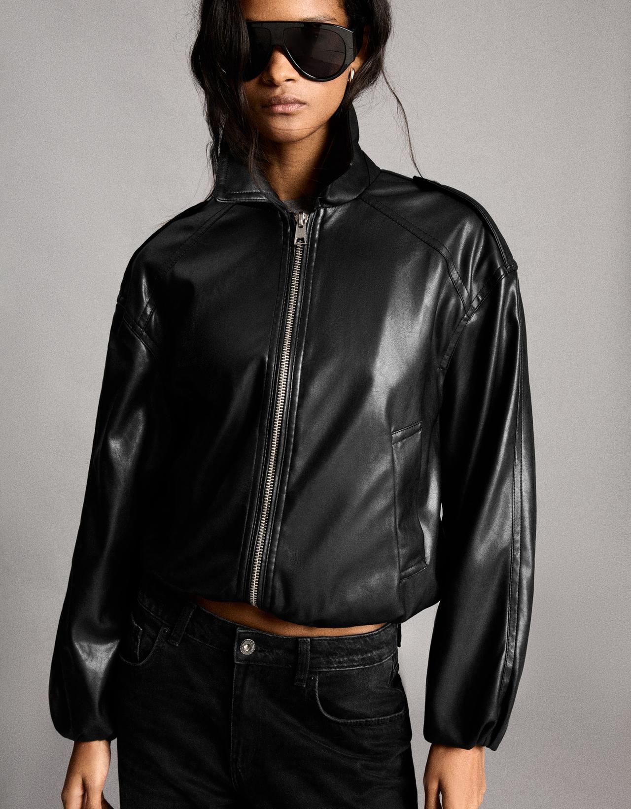 Leather effect puffer jacket — Black