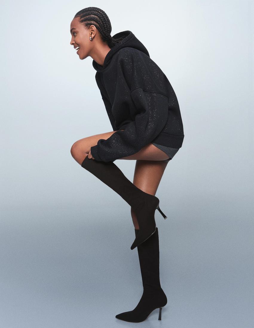 Bottes à talon en tissu-Noir