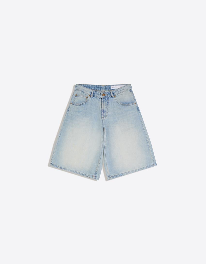 Baggy denim Bermuda shorts-Light blue