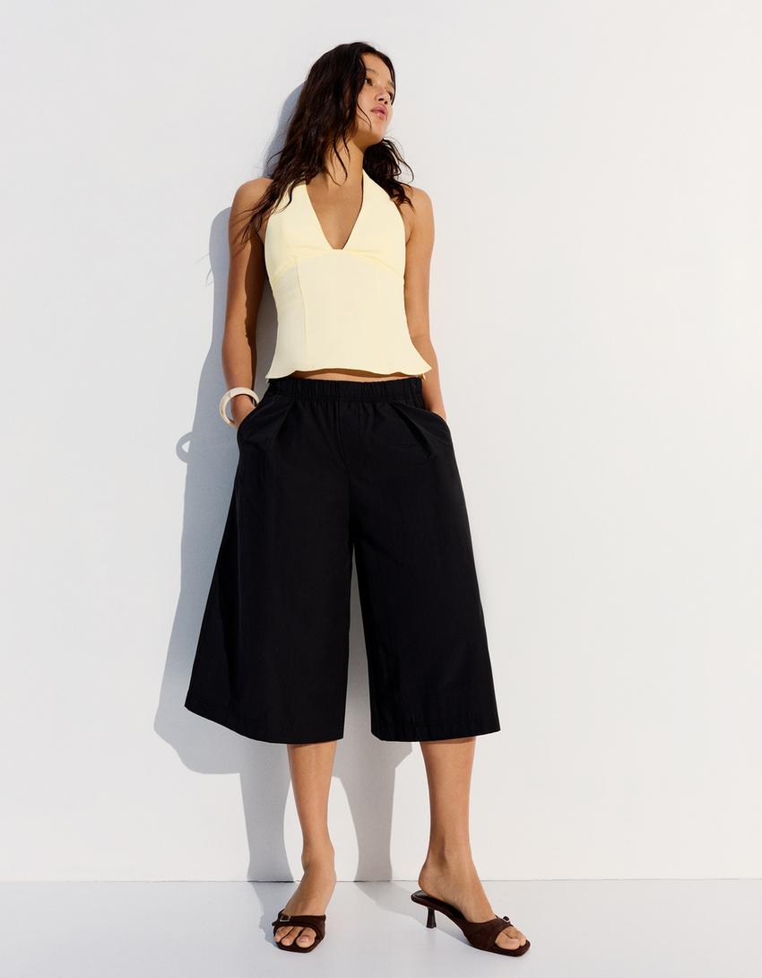 Bermuda culottes with elasticated waist-Black