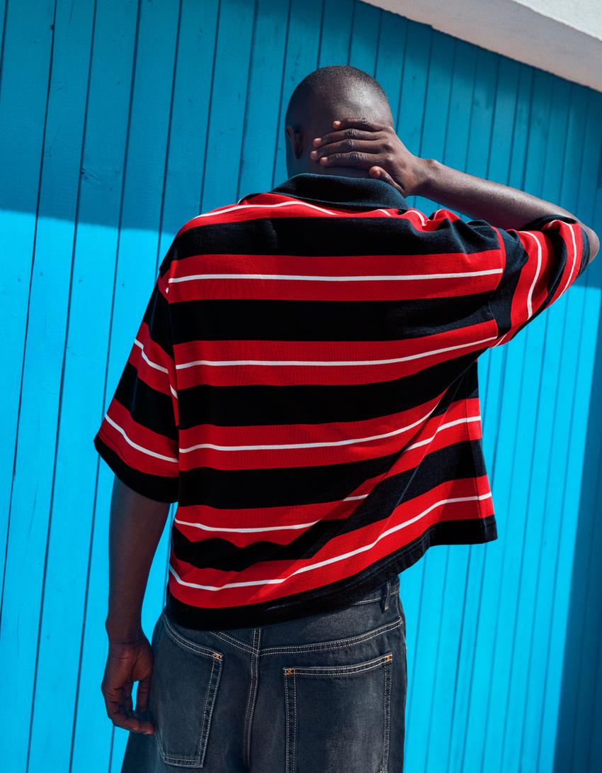 Kısa kollu çizgili işlemeli polo-Kırmızı