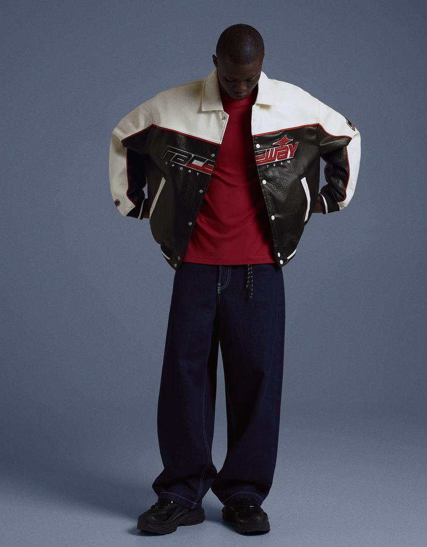 Printed leather effect jacket-Black