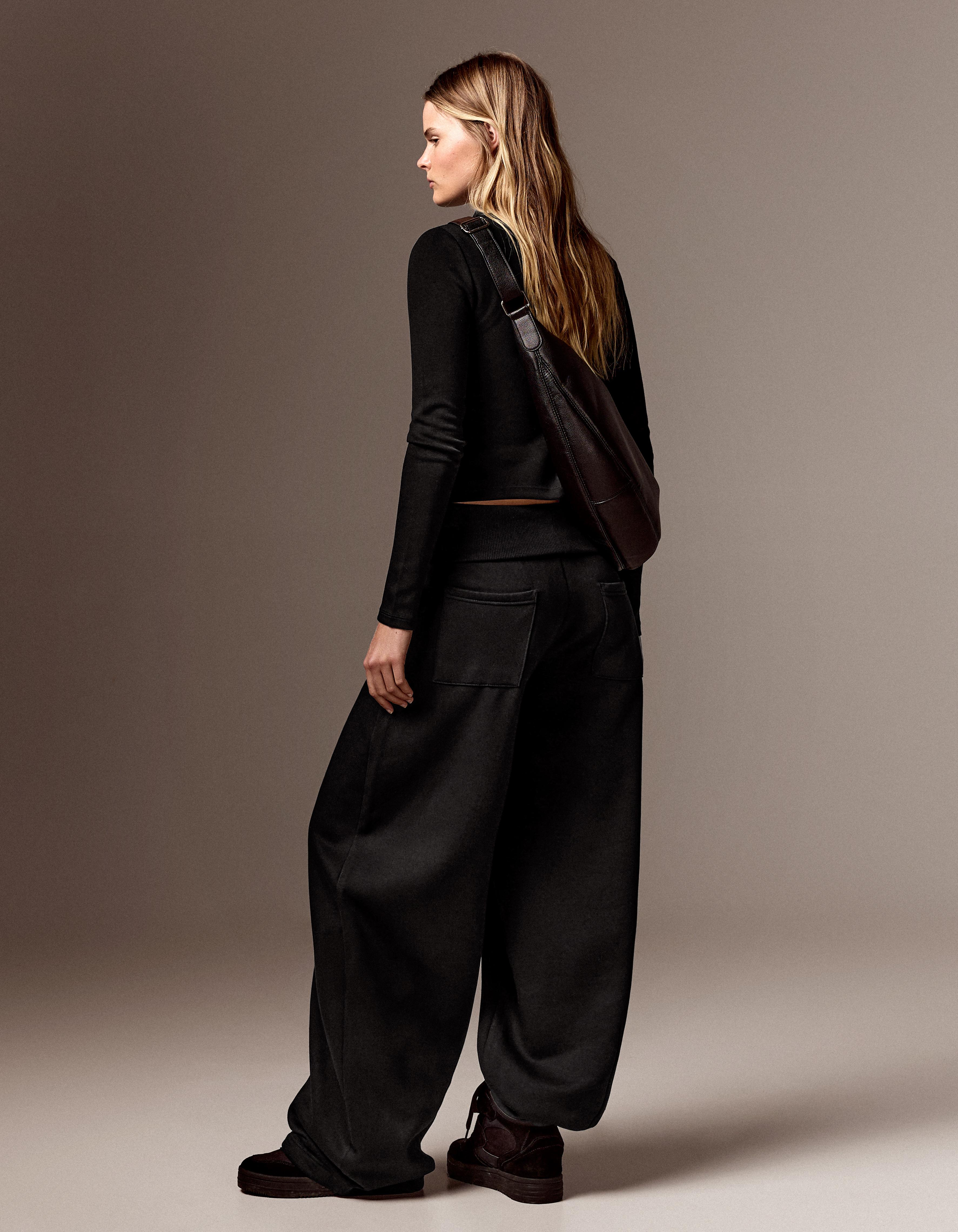Barrel-leg jersey trousers with fold-over waist — Black
