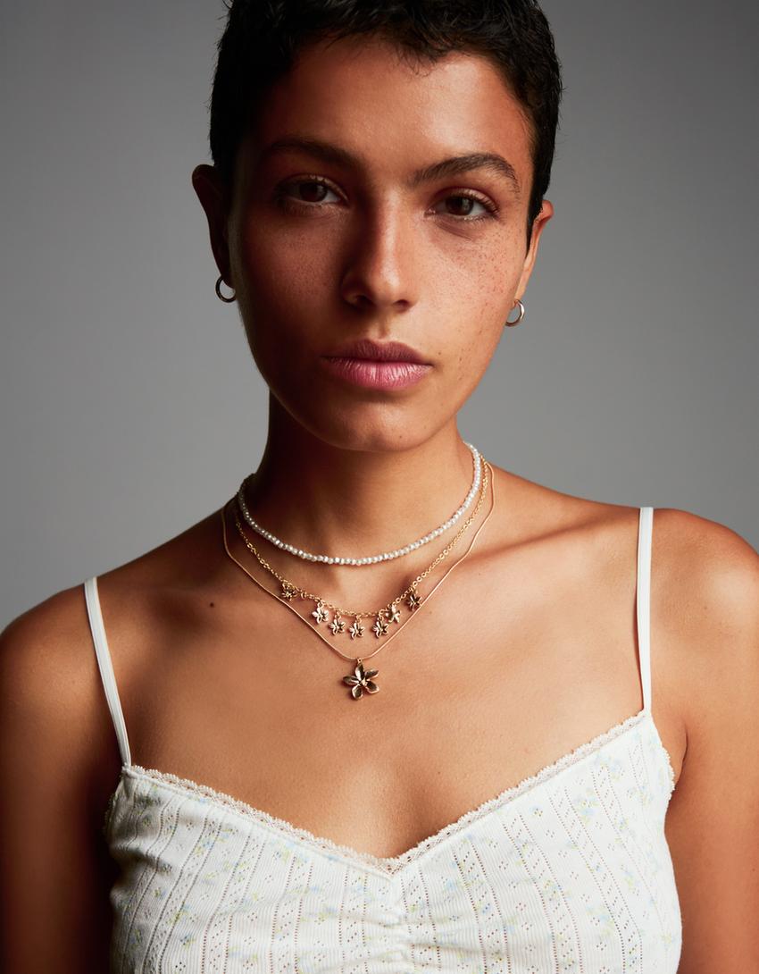 3-pack of faux pearl and flower necklaces-Gold