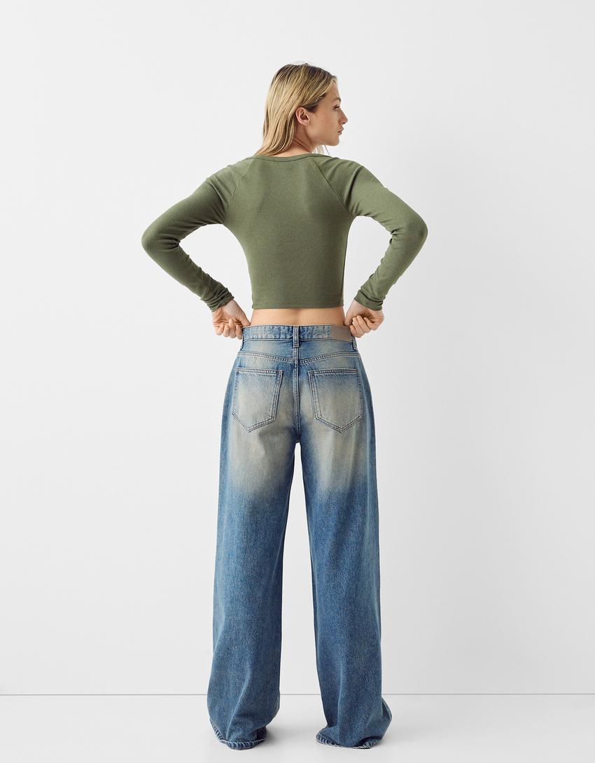 Top manches longues col en V-Kaki-1