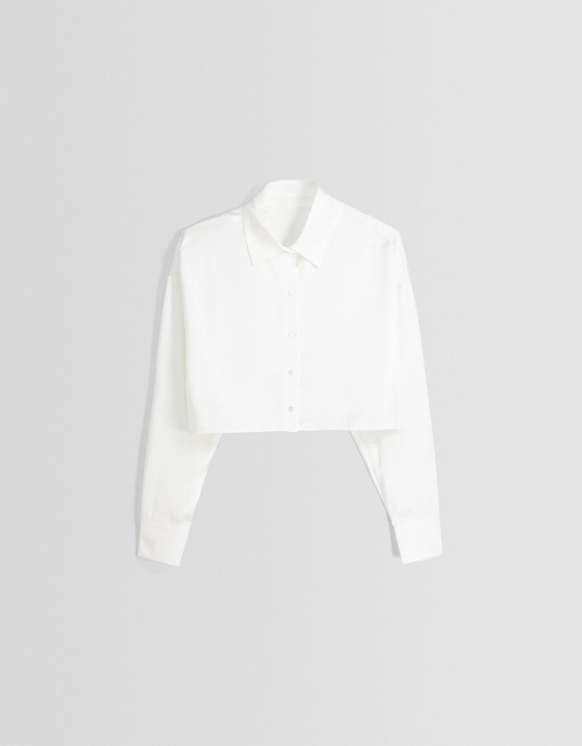 Satin long sleeve cropped shirt-Cream-4