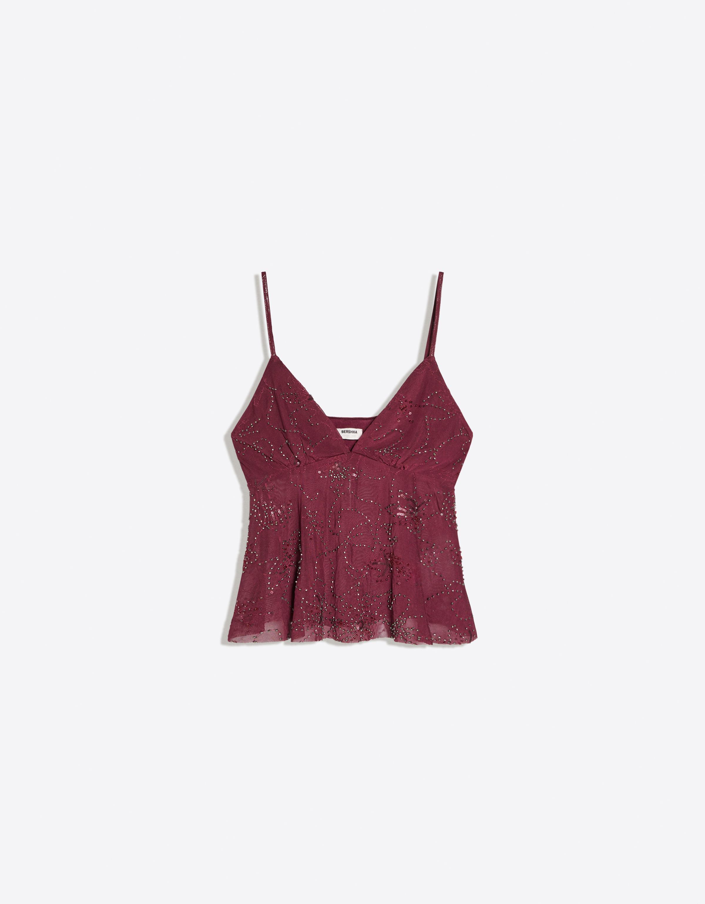Rhinestone mesh strappy top — Burgundy
