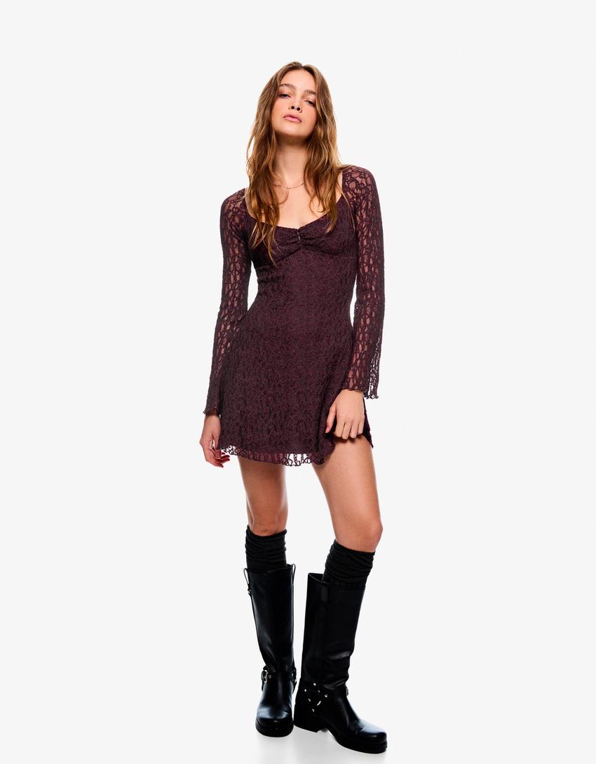 Bardot neckline blonde lace mini dress-Violet