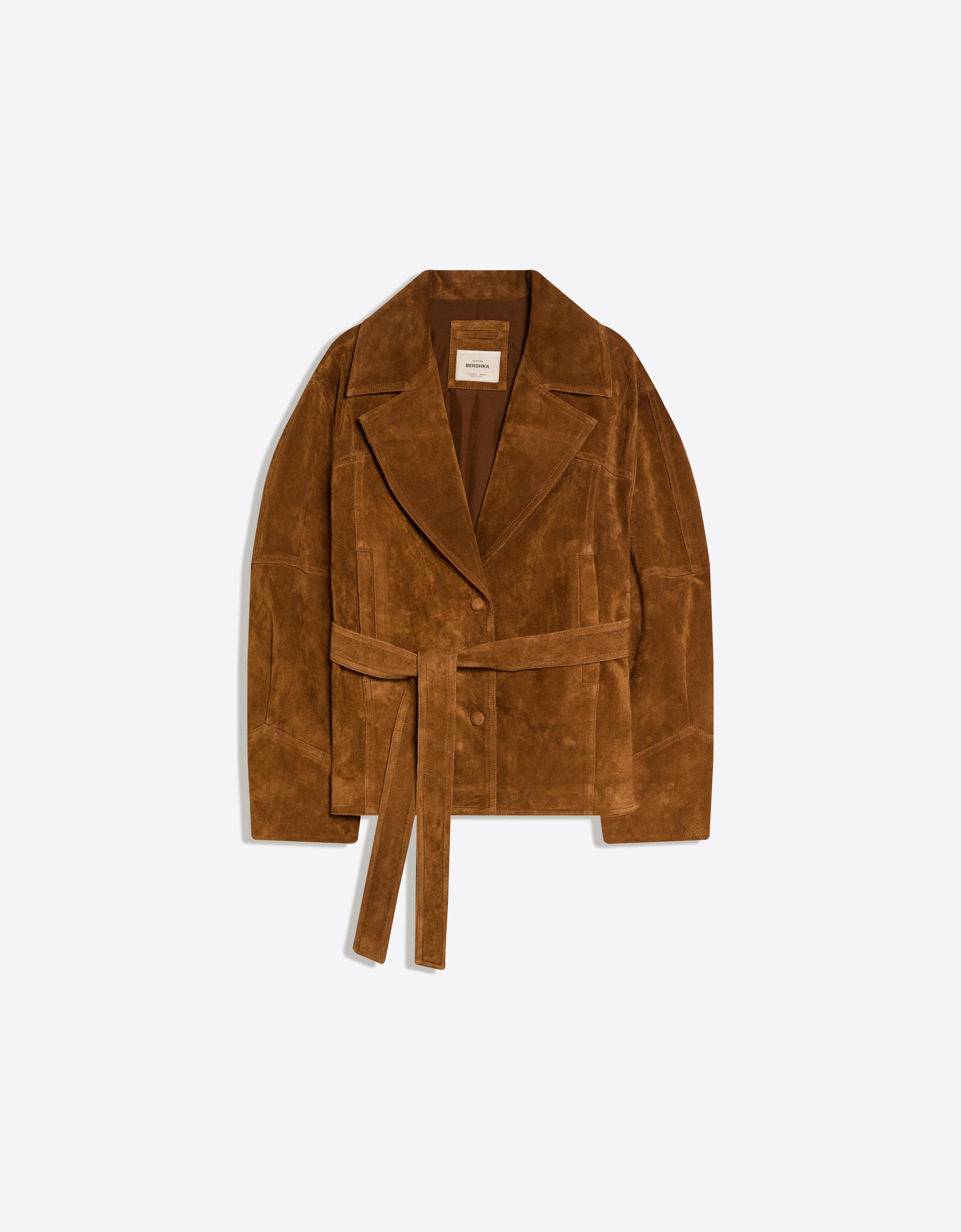 Suede jacket with belt — Brown