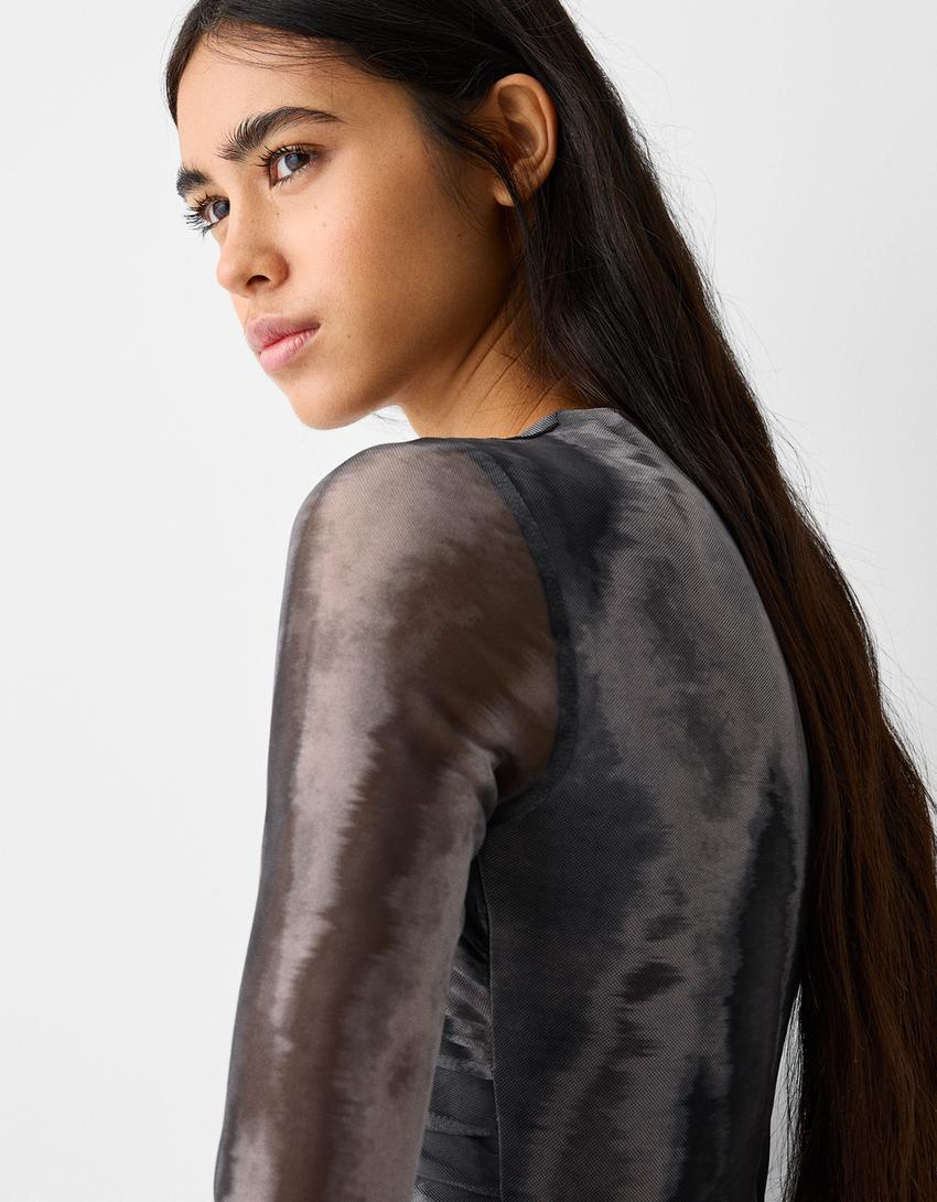 Mini-robe manches longues tulle froncée-Gris foncé-5