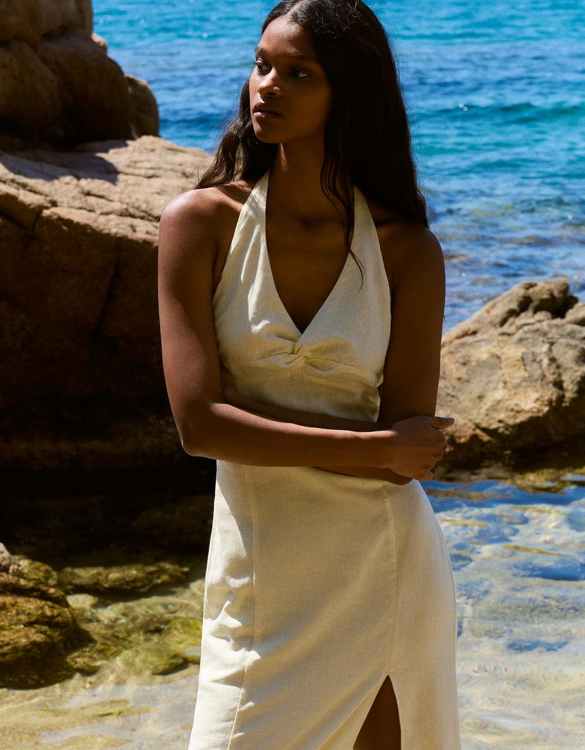 Halter midi dress with linen-Yellow