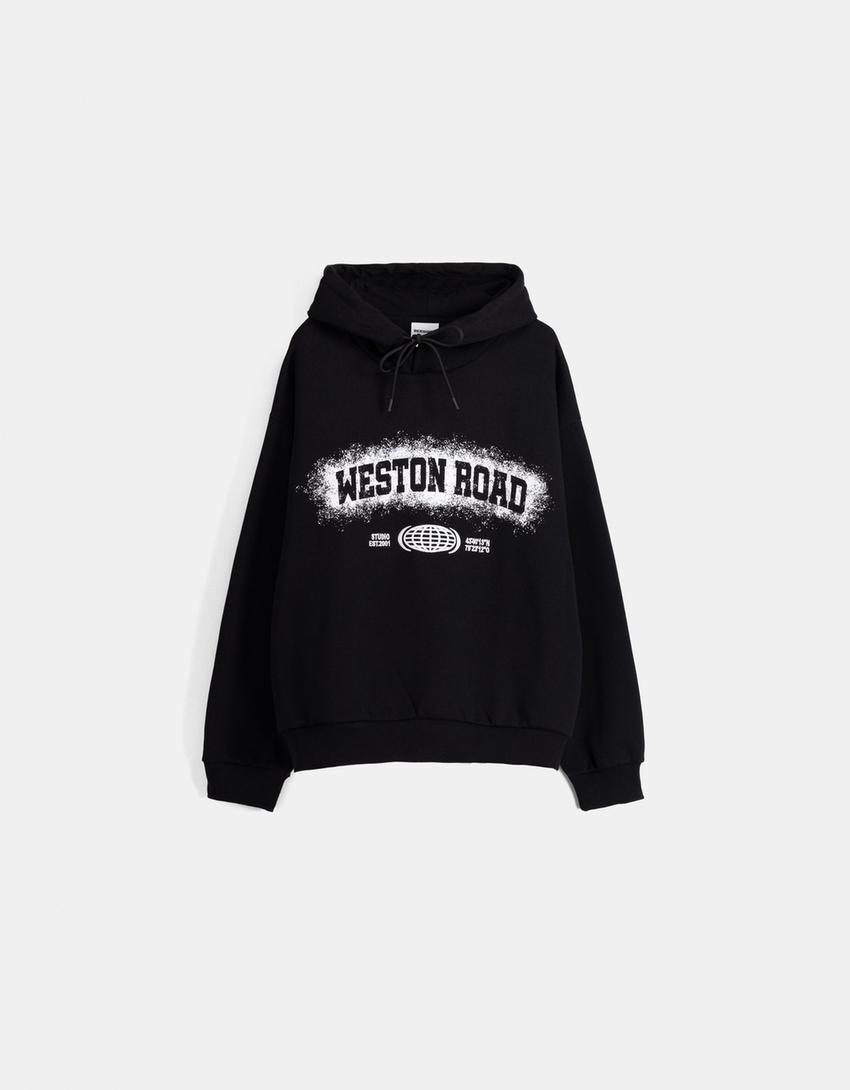 Boxy fit print hoodie-Black