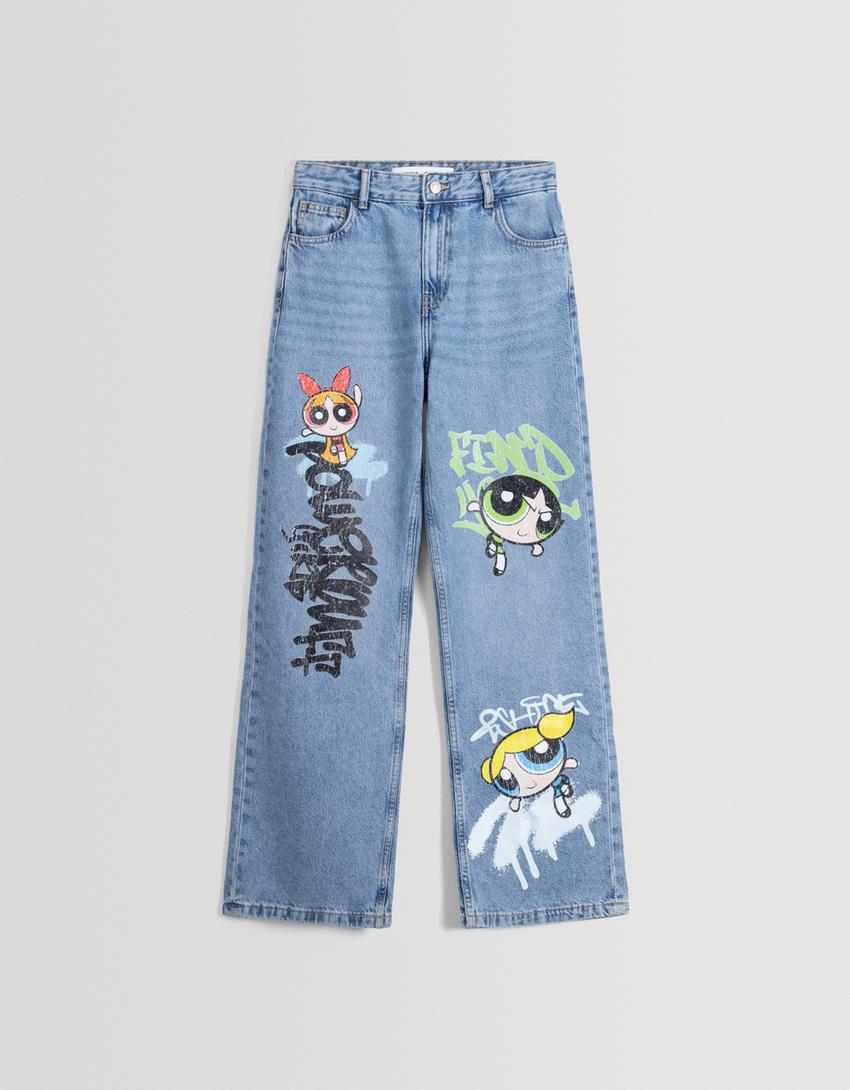 بنطال  فتيات القوة نمط التسعينيات واسع الساقين-أزرق فاتح-4