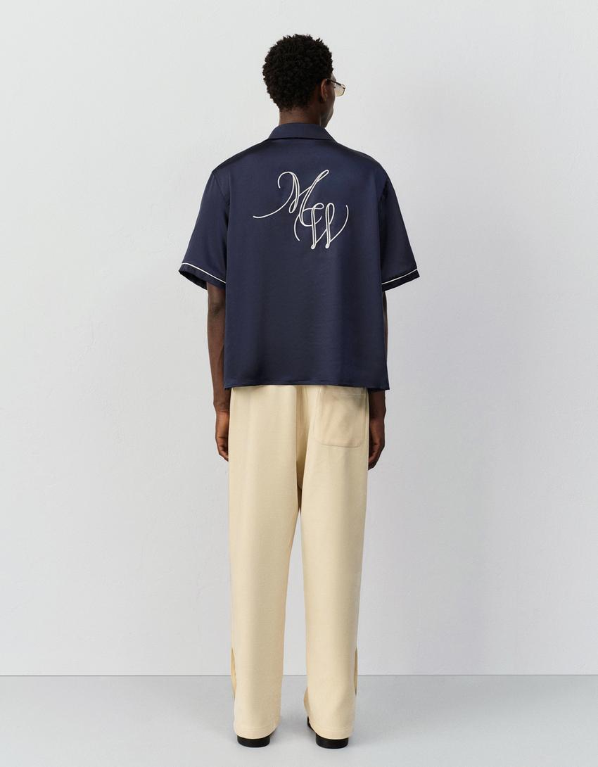 Camicia a maniche corte cropped in satin-Marino