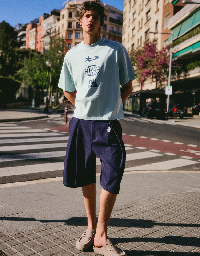 Print boxy fit T-shirt-Light blue