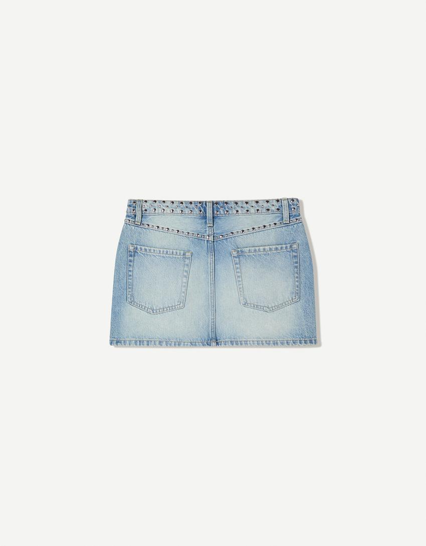 Minijupe en denim à clous-Bleu lavé-1