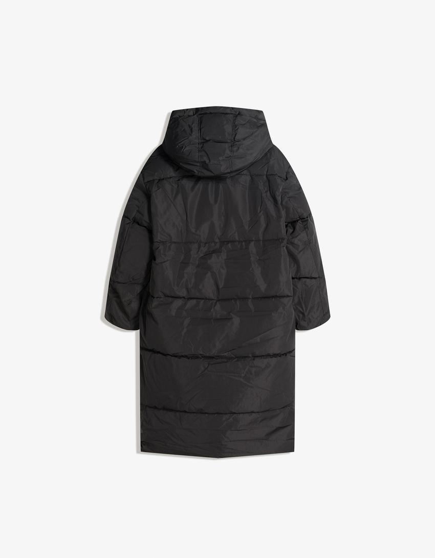 Long hooded puffer coat-Black