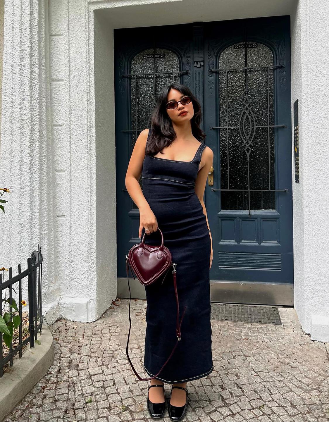 Long denim dress with straps
