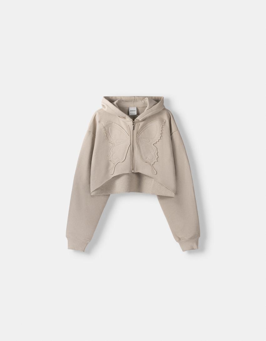 İşlemeli pamuklu kapüşonlu ceket-Gri-4