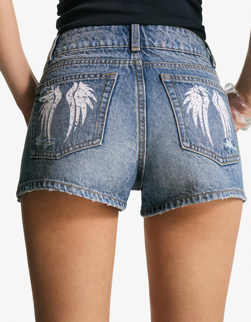 Printed denim shorts-Light blue