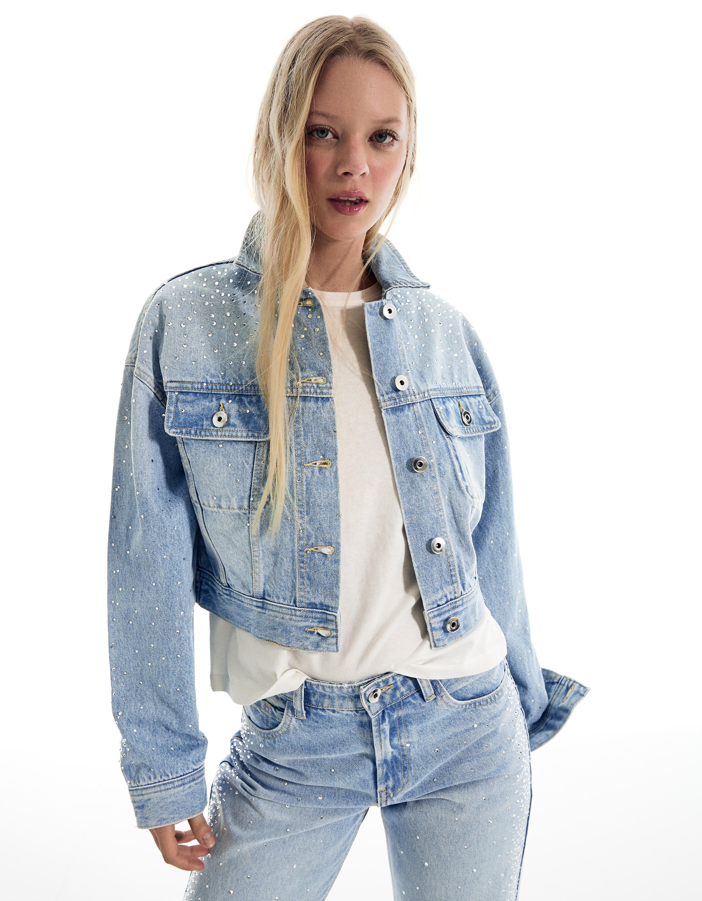 Bershka Giacca Di Jeans Cropped Lucida Donna Xs Azzurro Lavato