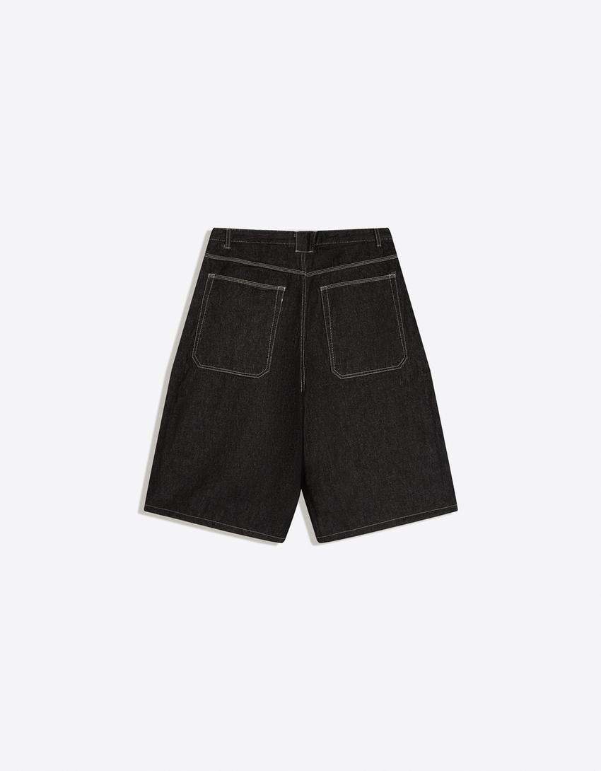 Barrel leg denim Bermuda shorts-Black