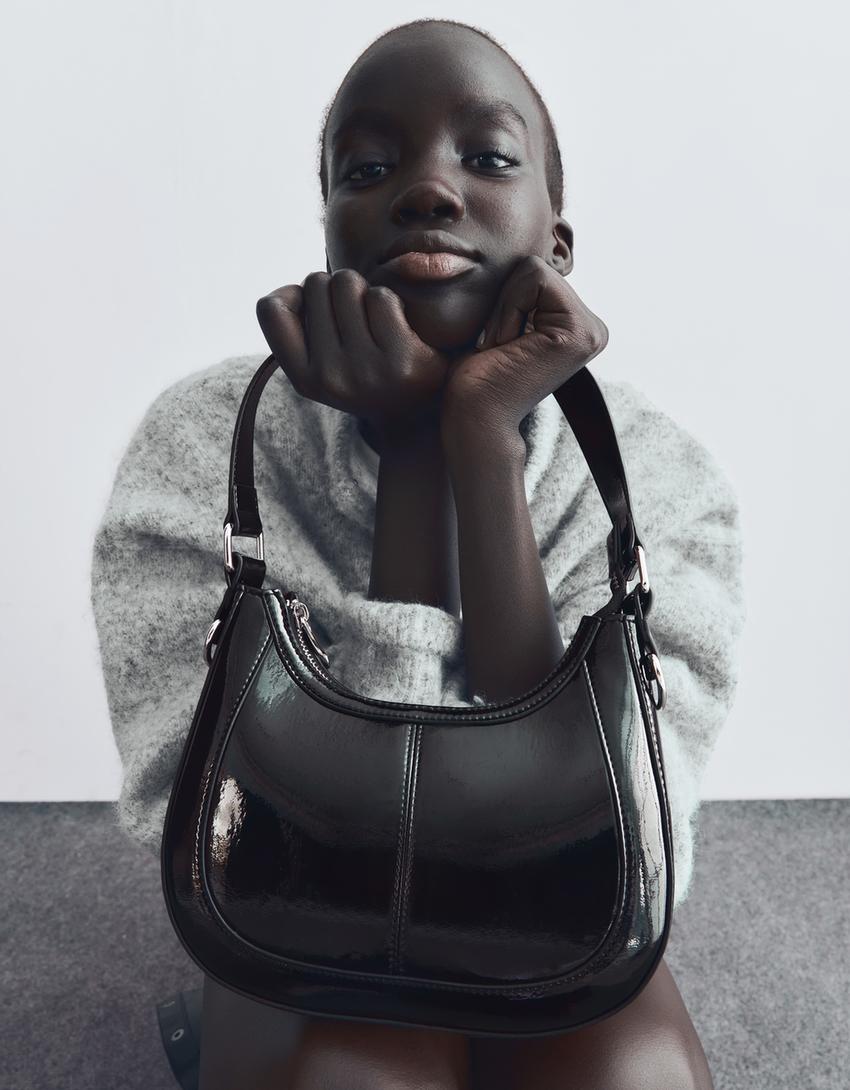 Patent effect shoulder bag-Black