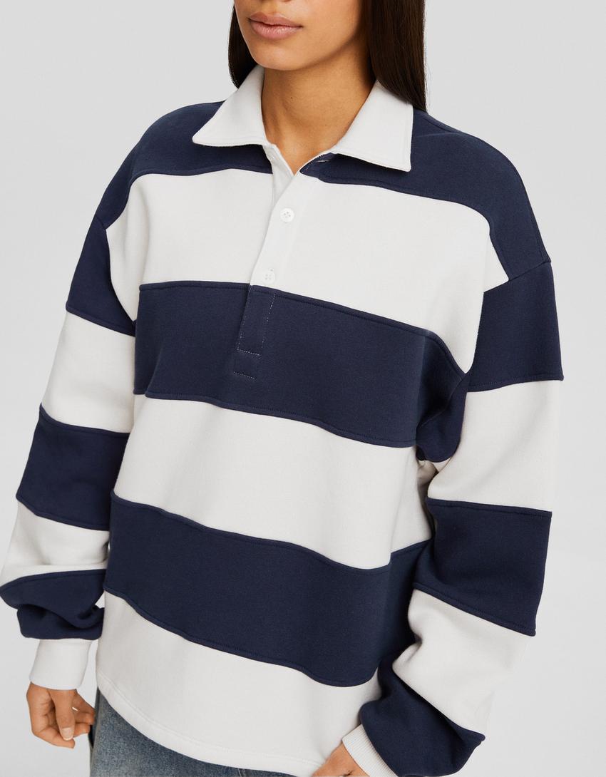 Striped polo collar sweatshirt-Beige