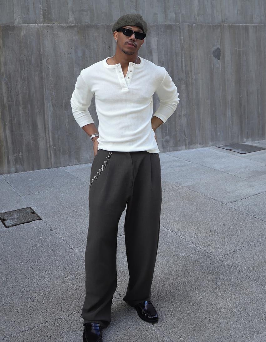 Textured henley T-shirt-Off white