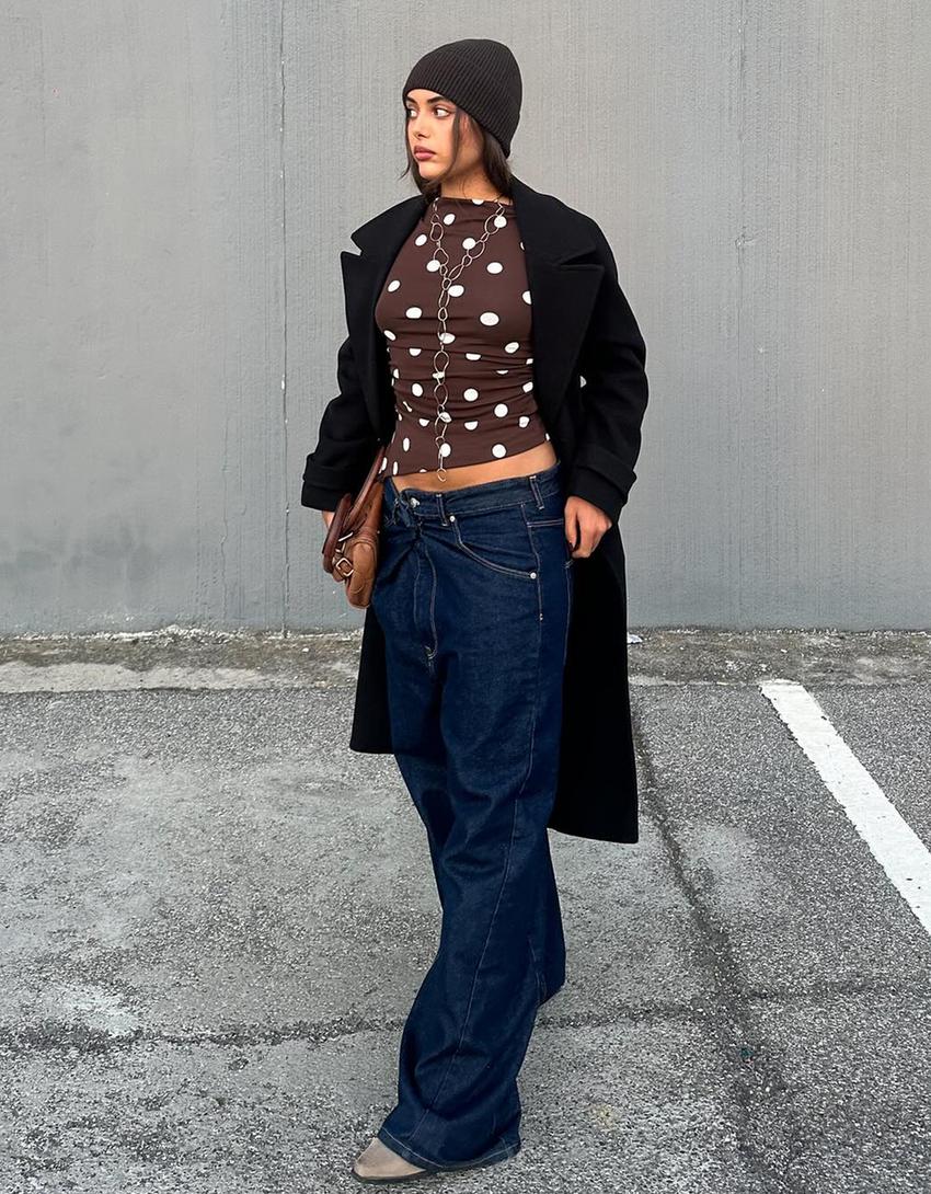 Asimetrik uzun kollu tişört-Kahverengi