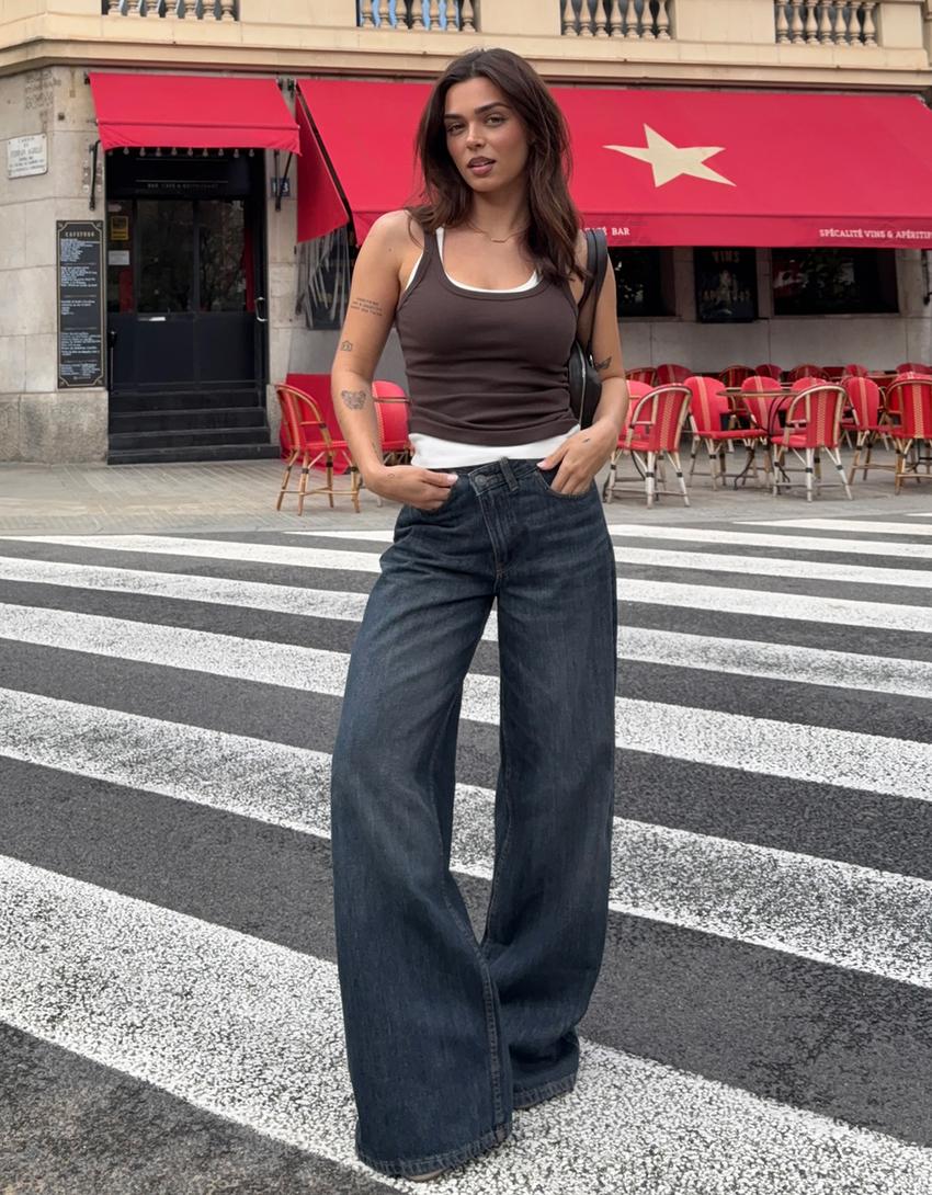 Jeans wide leg tiro alto cintura cruzada-Azul