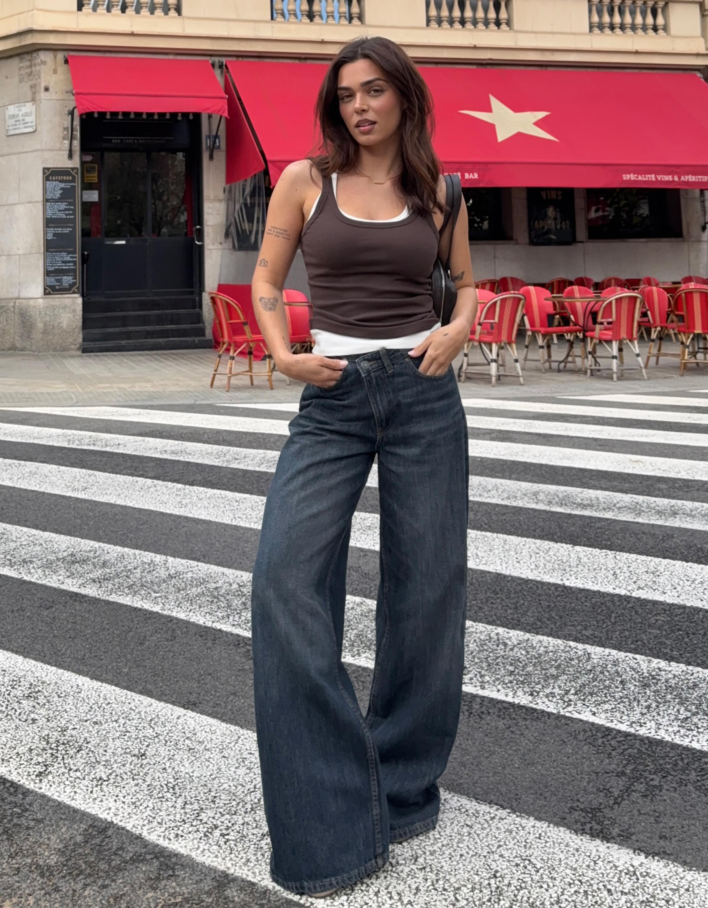 Çapraz belli yüksek bel geniş paça jean