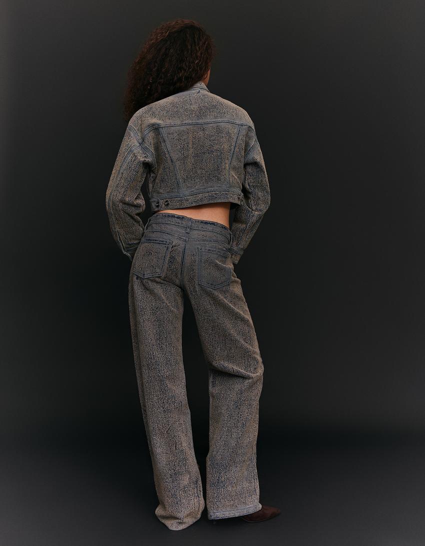 Jeans straight fit taille basse texturé-Bleu lavé