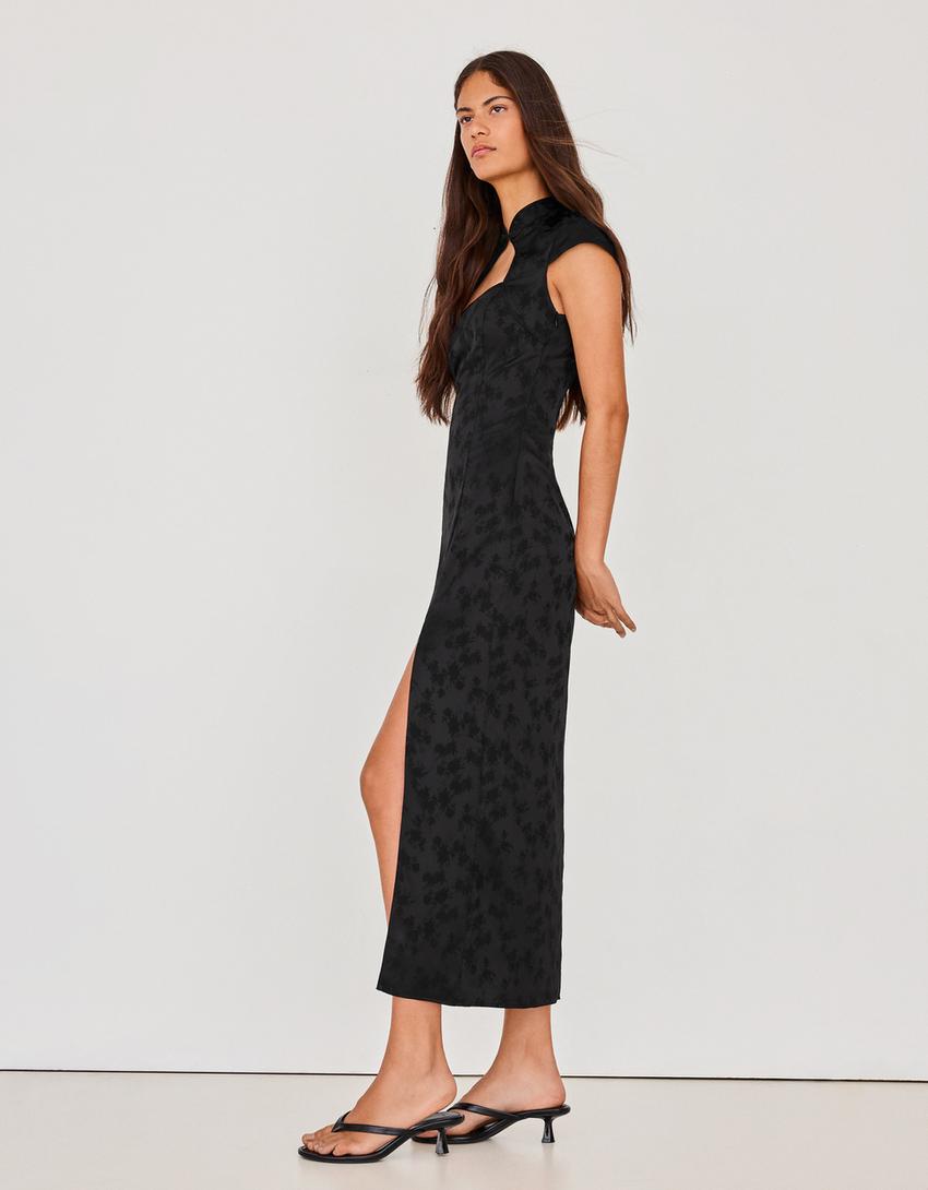 Jacquard sateen midi dress-Black