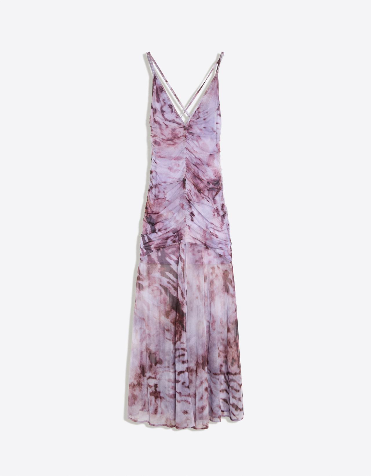 Suede tulle print strappy midi dress — Violet